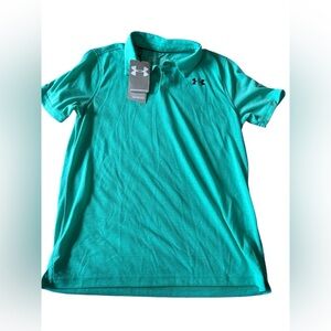 Under Armour Boys Large Teal Blue Striped Polo NWT